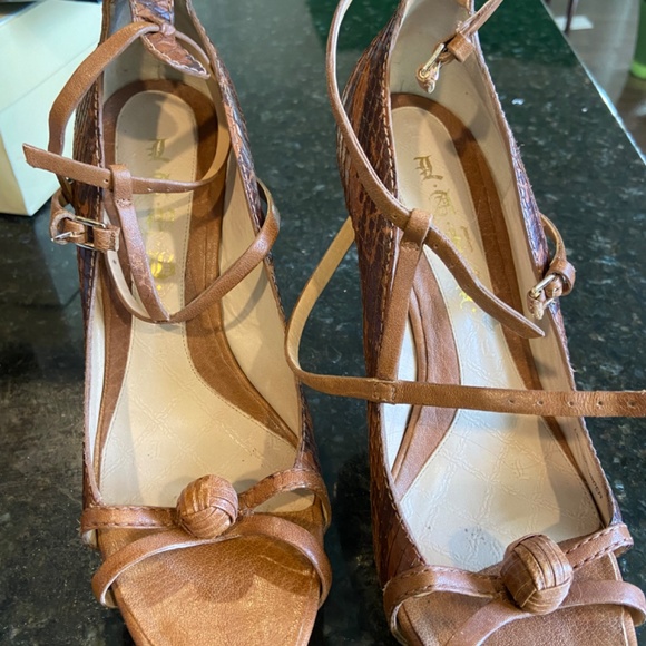 LAMB Gwen Stefani Brown Leather Snake skin embossed strappy heels - Picture 2 of 3